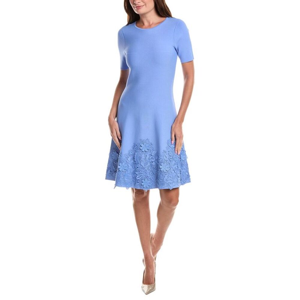 Teri Jon By Rickie Freeman Womens Knit Lace Hem A-Line Dress, Blue